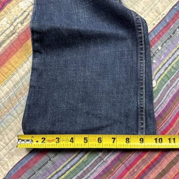 Sacred Boot Cut Flare Jeans Dark Blue Distressed Embroidery Women’s Waist 32 USA - Picture 12 of 12